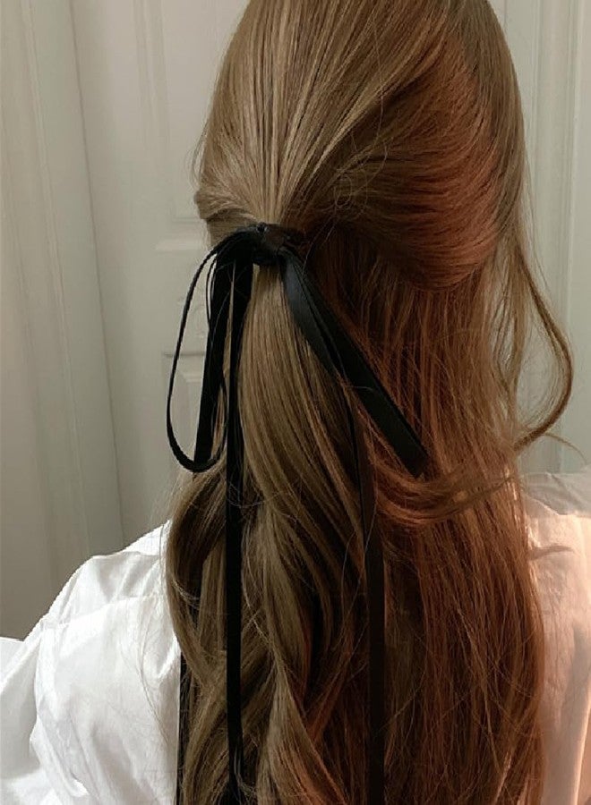 TUCEWP Silky Satin Bow Hair Ties Black Tassel Ribbon Hair Bows for Women Girls Toddlers Long Tail Bowknot Hair Bands for Thick Hair Cute Stretchy Hair Rope Hair Ponytail Holders Sweet Hair Accessories - Image 2